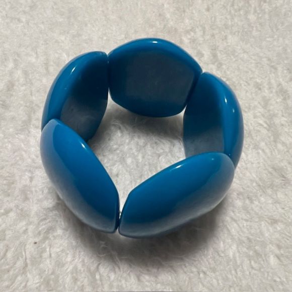 Chunky Retro 80s 90s Blue Teal Large Flat Beads Elastic Bracelet - Picture 3 of 7